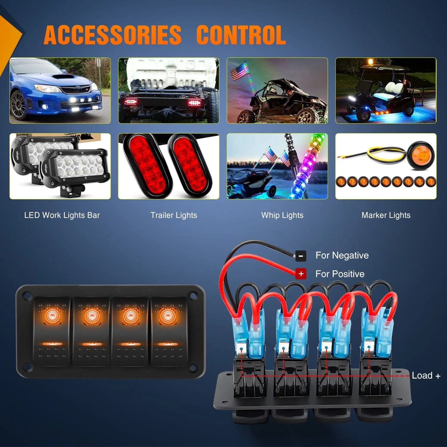 4Gang Aluminum 5Pin ON/Off Rocker Switch Panel Orange