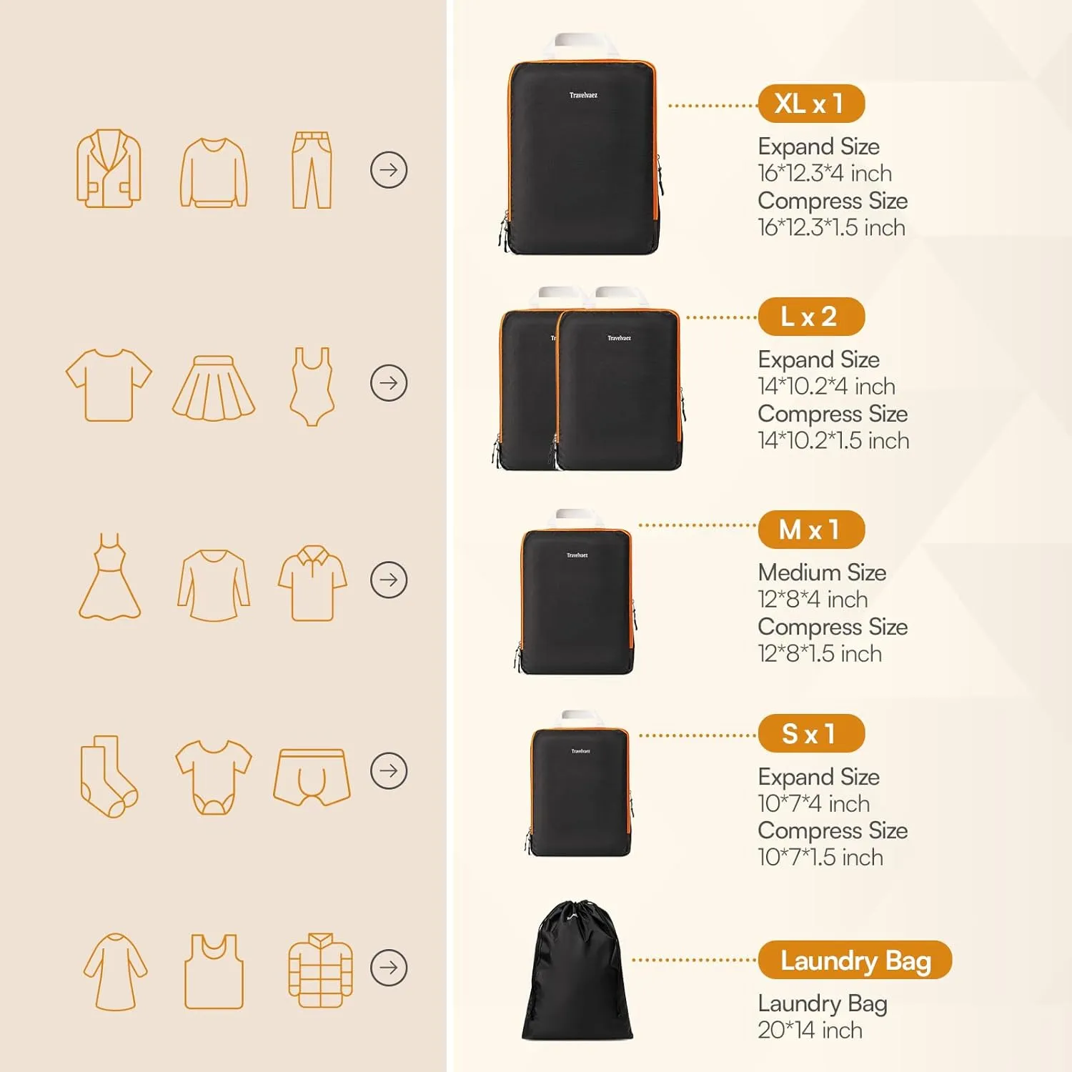 6 Set Compression Packing Cubes. Expandable and Lightweight Packing Cubes for Travel with Laundry Bag. (Black).