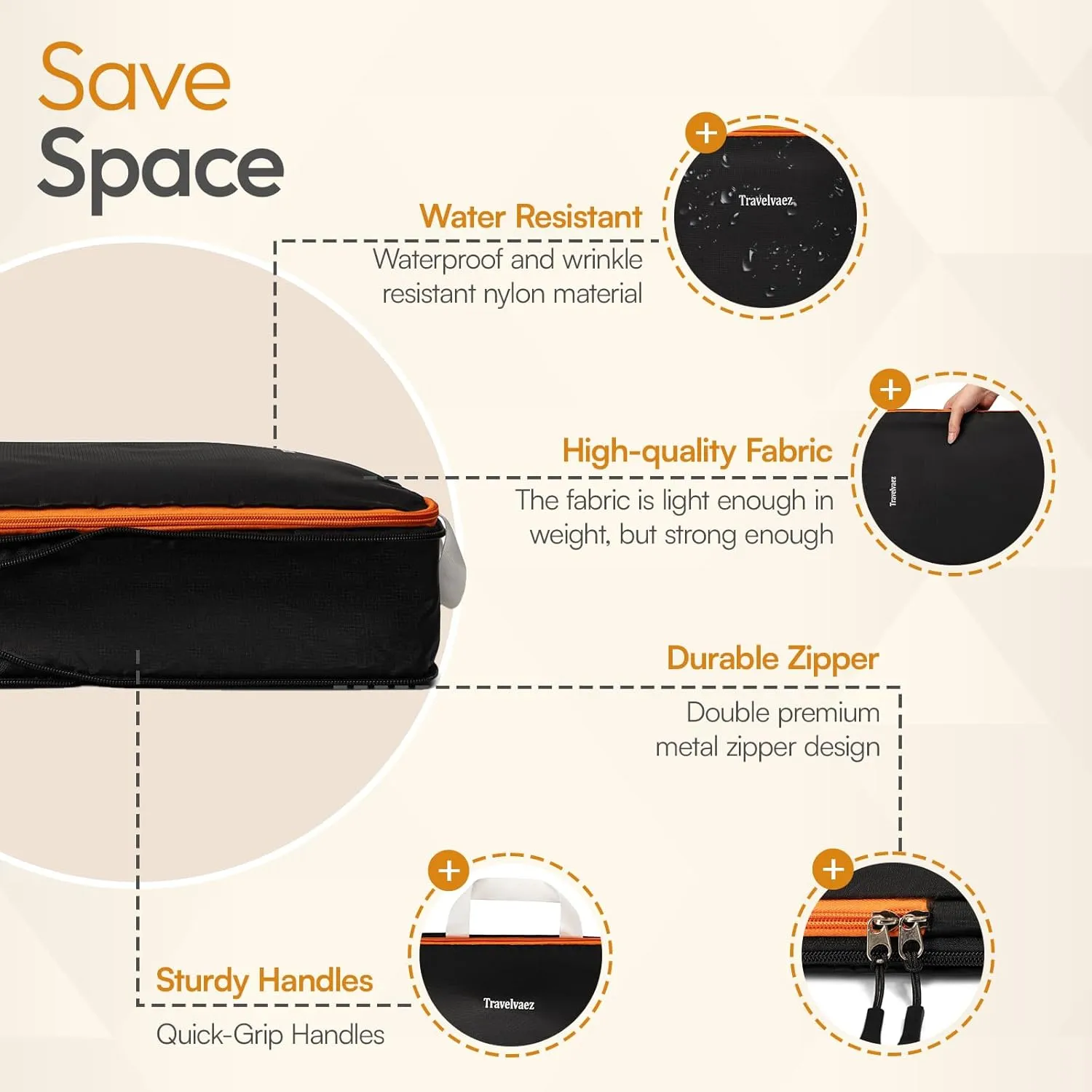 6 Set Compression Packing Cubes. Expandable and Lightweight Packing Cubes for Travel with Laundry Bag. (Black).