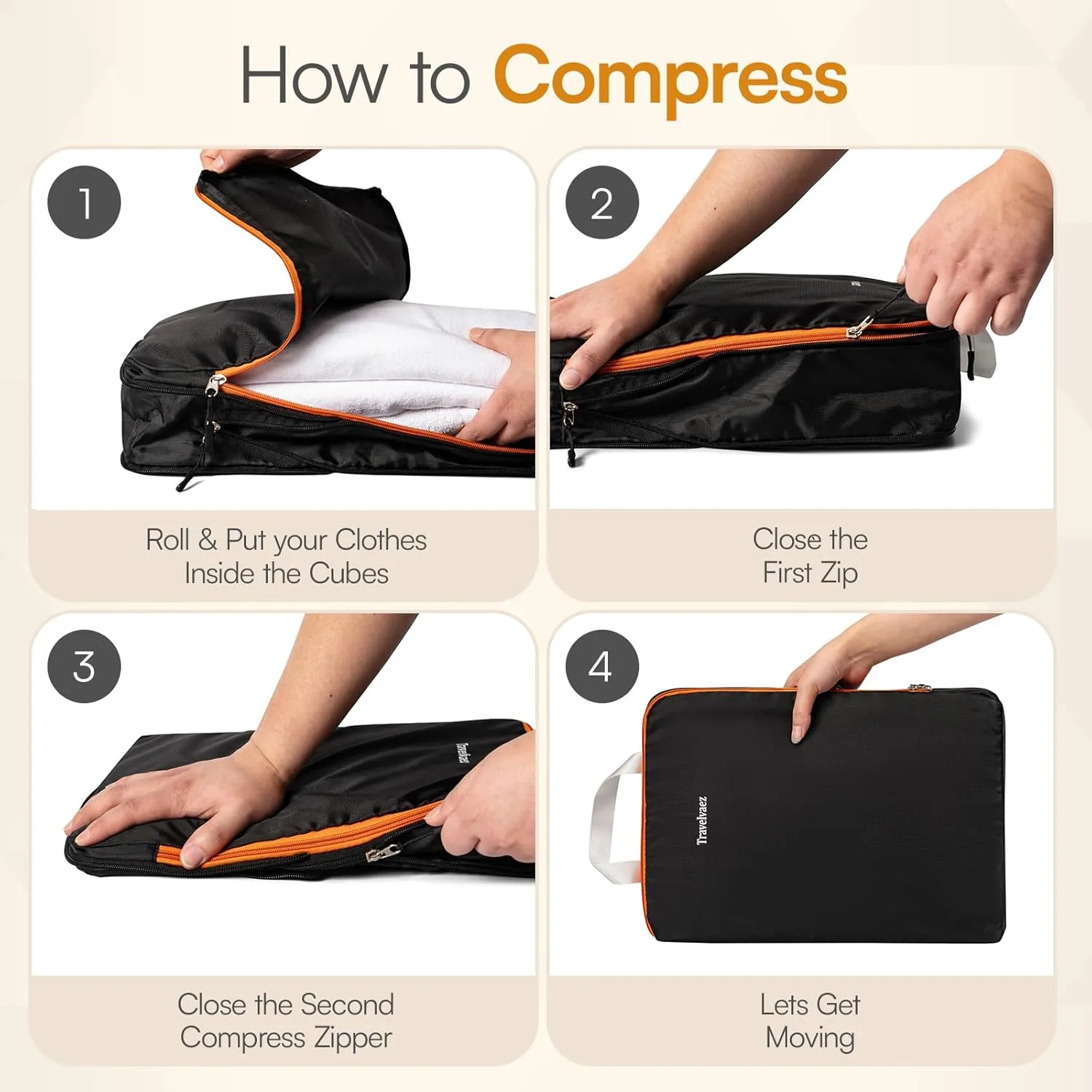 6 Set Compression Packing Cubes. Expandable and Lightweight Packing Cubes for Travel with Laundry Bag. (Black).