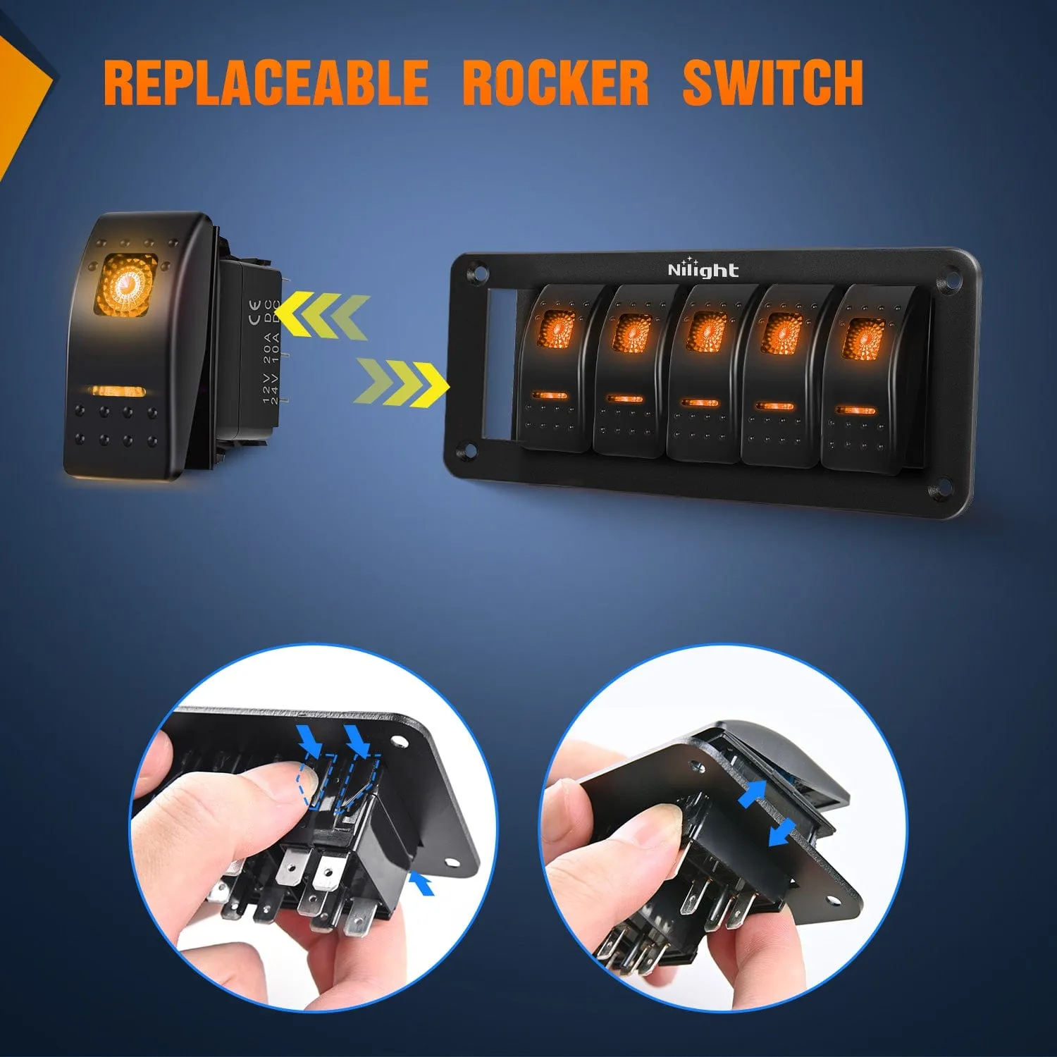 6Gang Aluminum 5Pin ON/Off Rocker Switch Panel Orange