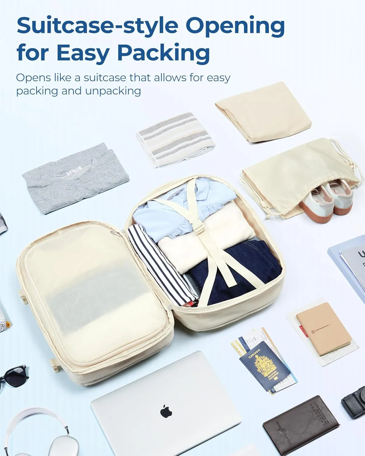 BAGSMART Travel Backpack, 30L Flight Approved Carry on Backpack with Door Lock, TSA Personal Item Backpack with 15.6 Inch Laptop Compartment & Shoe Bag,Suitcase for Travel, Classic Beige