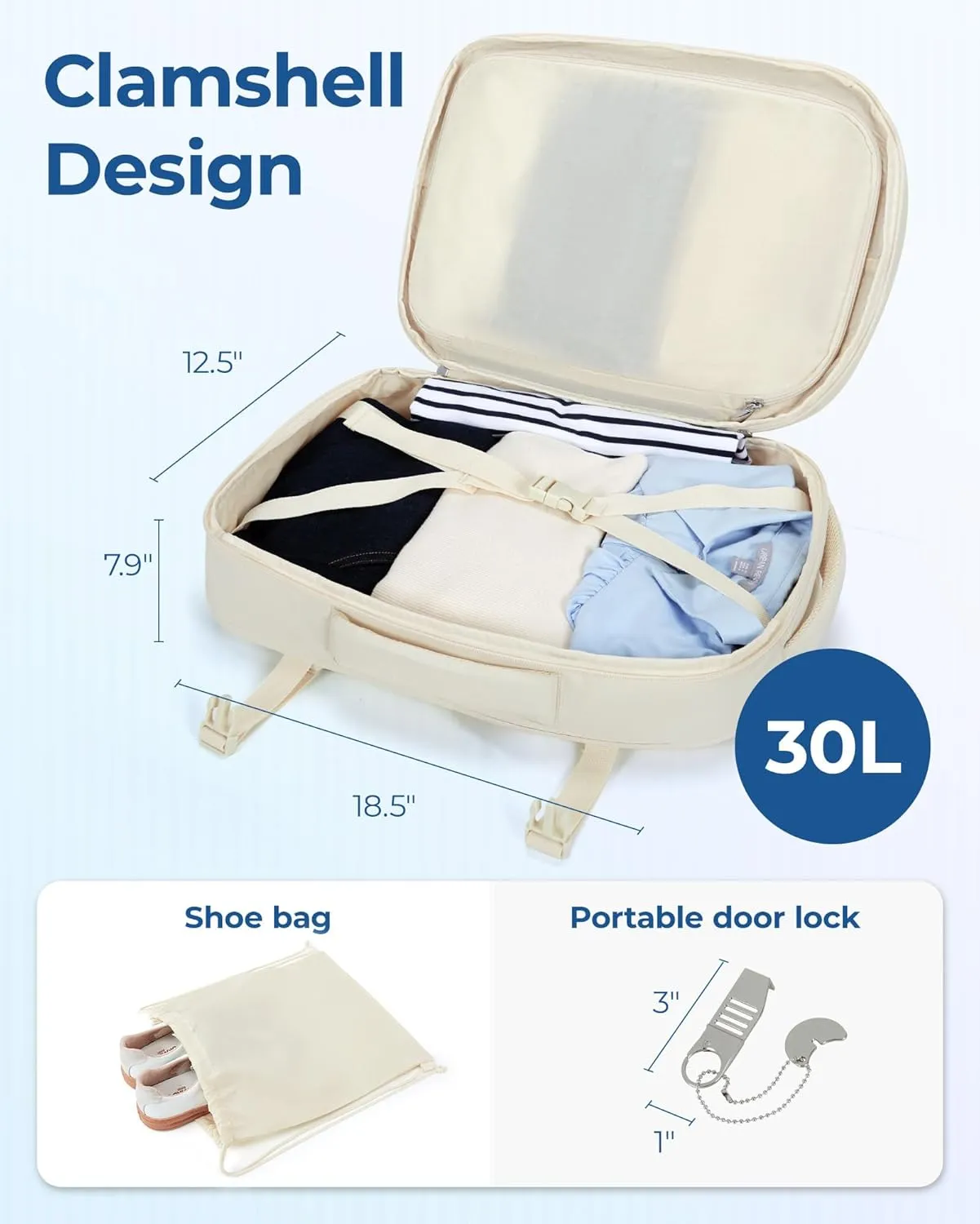 BAGSMART Travel Backpack, 30L Flight Approved Carry on Backpack with Door Lock, TSA Personal Item Backpack with 15.6 Inch Laptop Compartment & Shoe Bag,Suitcase for Travel, Classic Beige