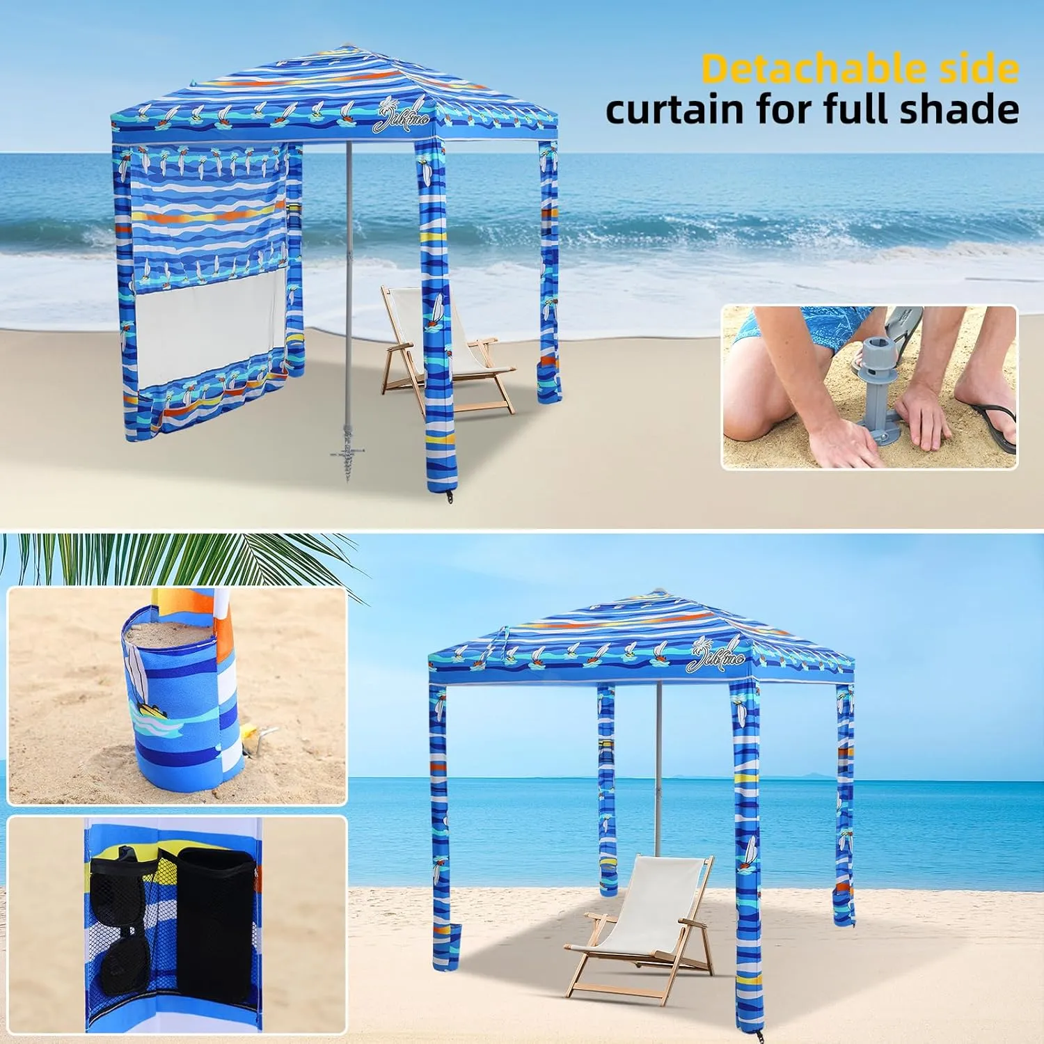 Beach Cabana, 6.2'6.2' Beach Canopy with Side Wall, UPF 50  UV Protection Easy Setup Tent Sun Shelter with Sand Pockets for Whole Family(Summer Sailboat)