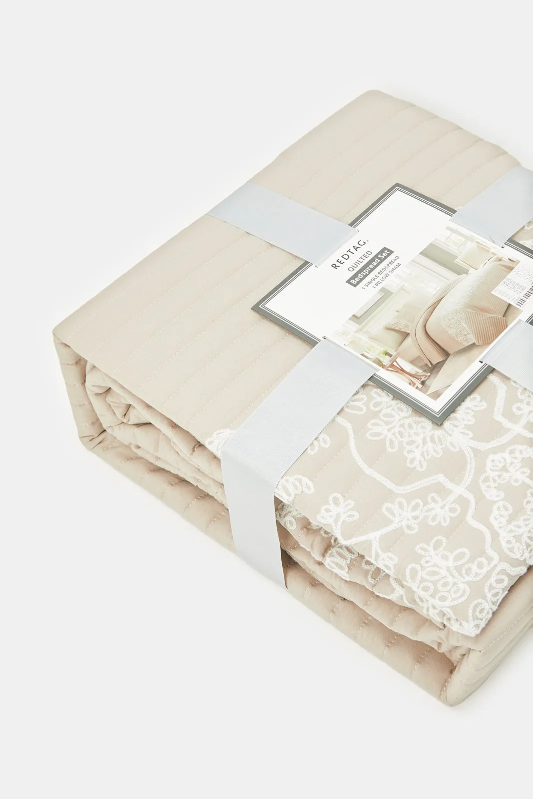 Beige 2 Piece Floral Bedspread (Single Size)