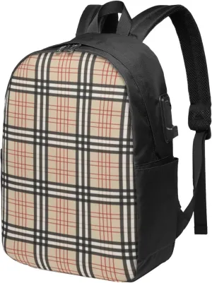 Beige Plaid Tartan Checkered Usb Travel Laptop Backpack  Durable Polyester Backbag With Charging Port & Headphone Jack