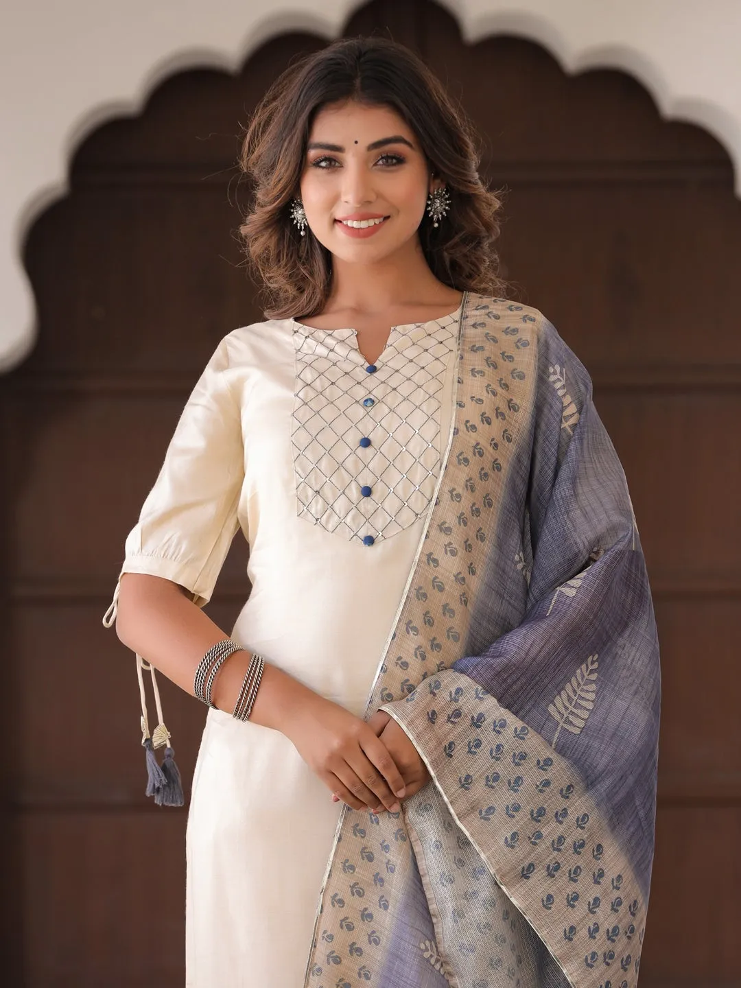 Beige Solid Straight Silk Crepe Kurta With Pant And Dupatta