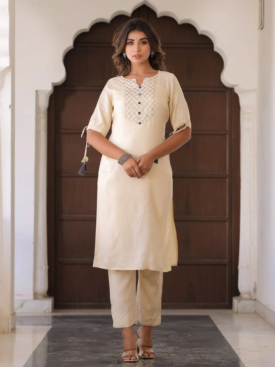 Beige Solid Straight Silk Crepe Kurta With Pant And Dupatta
