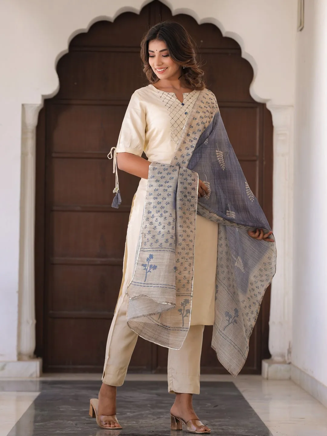 Beige Solid Straight Silk Crepe Kurta With Pant And Dupatta