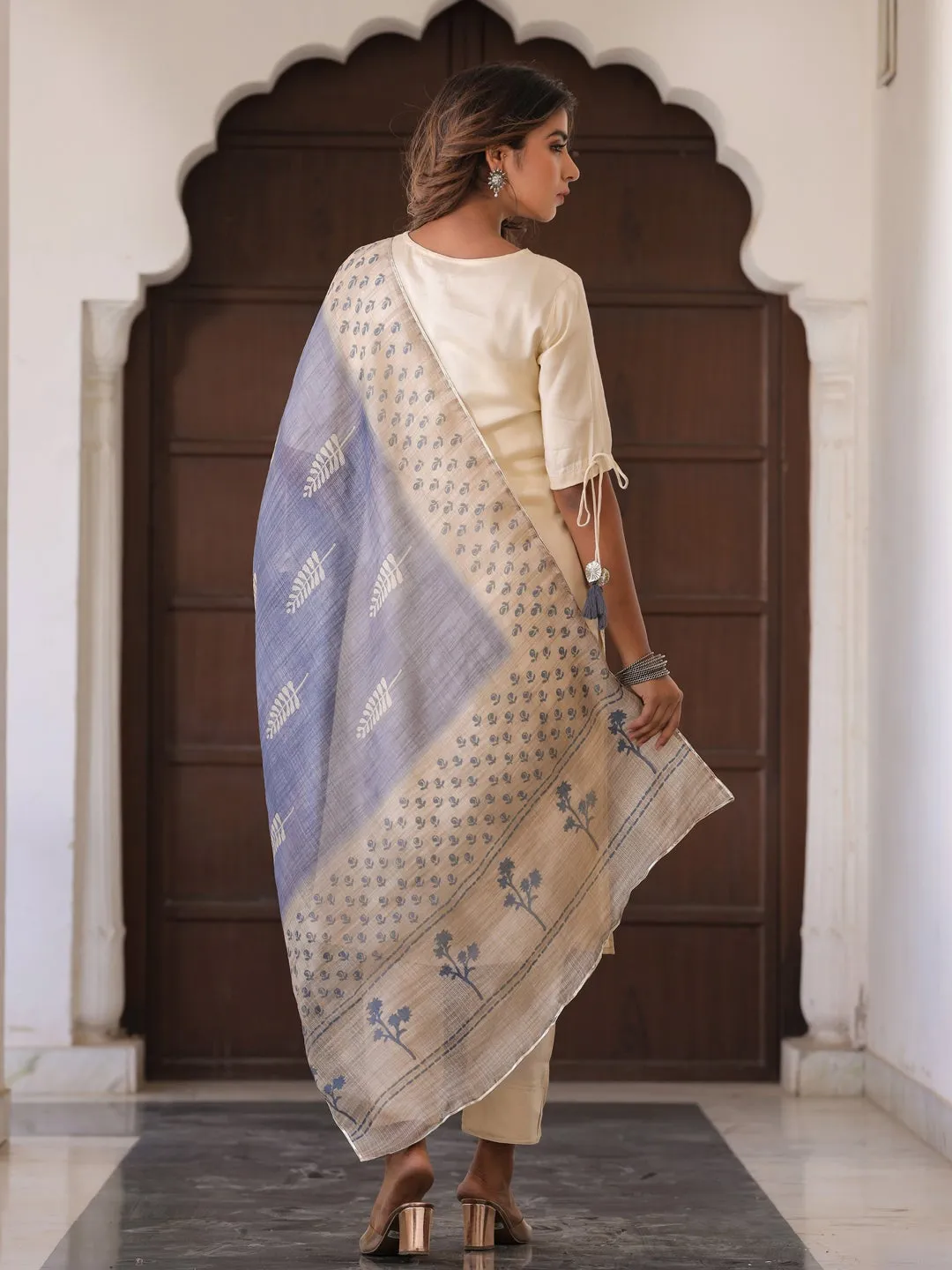 Beige Solid Straight Silk Crepe Kurta With Pant And Dupatta
