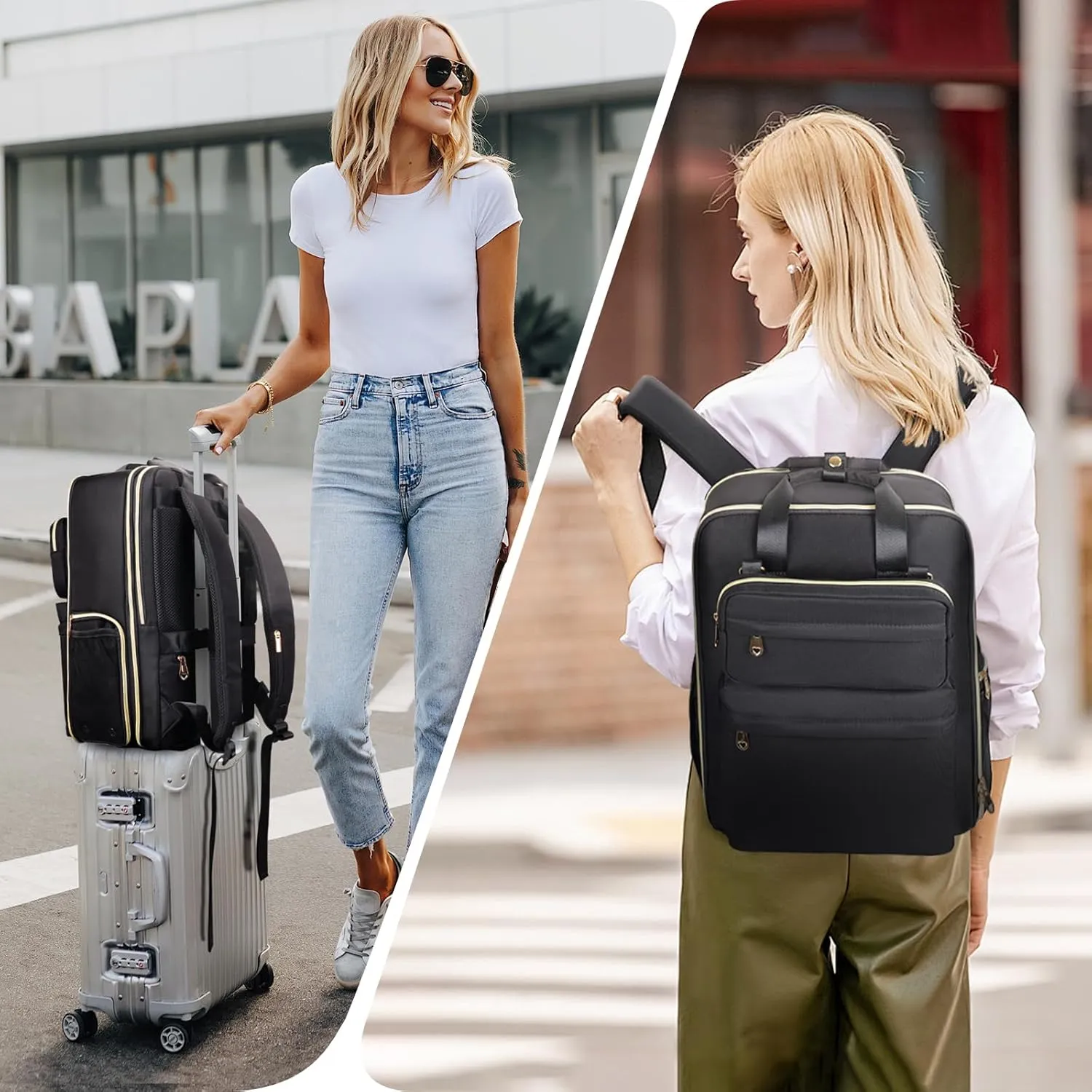 BERTASCHE Travel Backpack for Women, 35L Carry On Backpack Flight Approved with Shoe Pouch, Expandable Personal Item Travel Bag TSA 15.6'' Laptop Backpack for Work Trip Weekender Casual Daypack, Black