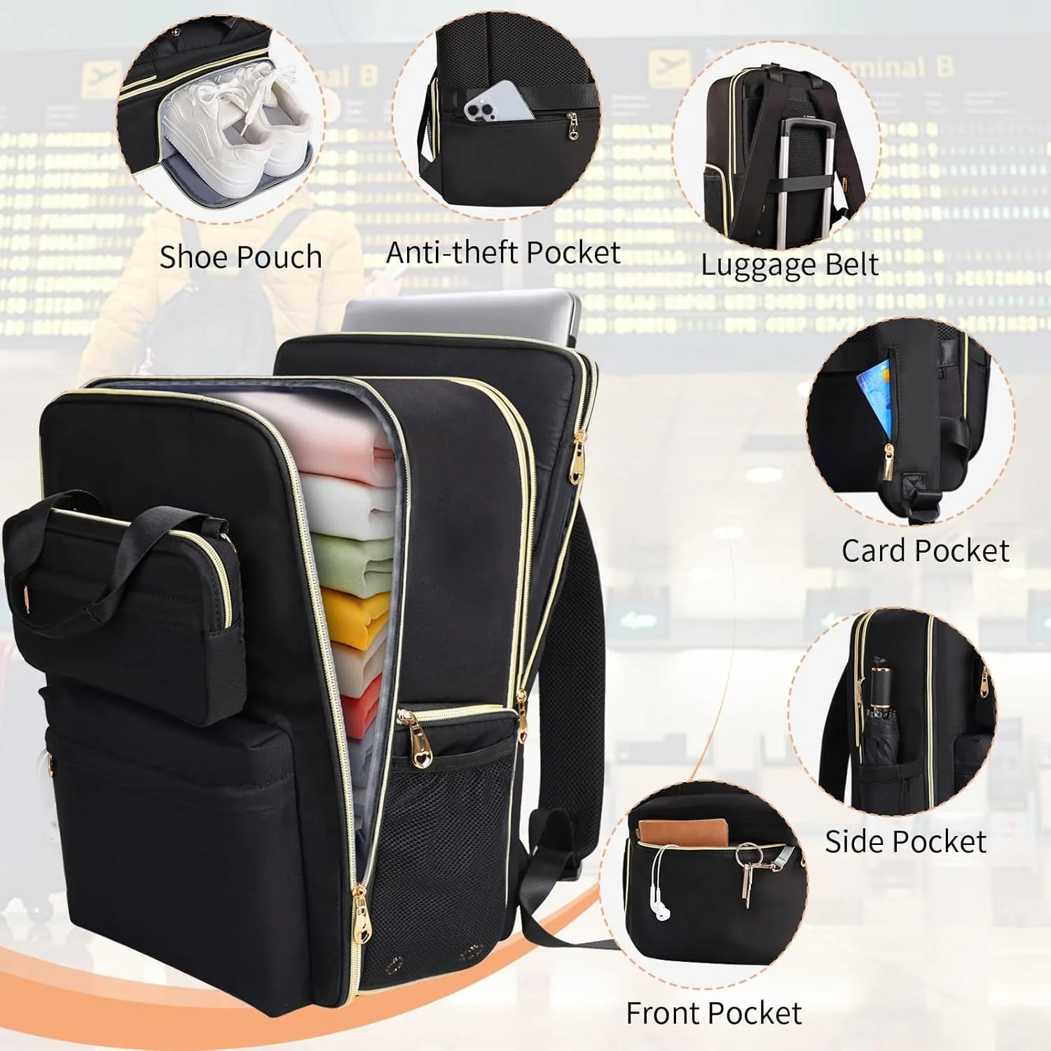 BERTASCHE Travel Backpack for Women, 35L Carry On Backpack Flight Approved with Shoe Pouch, Expandable Personal Item Travel Bag TSA 15.6'' Laptop Backpack for Work Trip Weekender Casual Daypack, Black