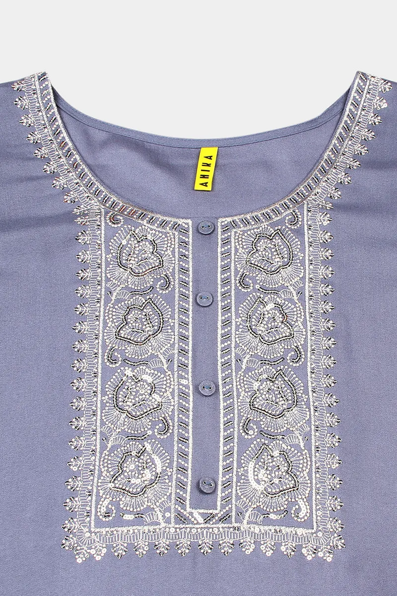 Blue Pottery Viscose Rayon Embroidered Straight Kurta