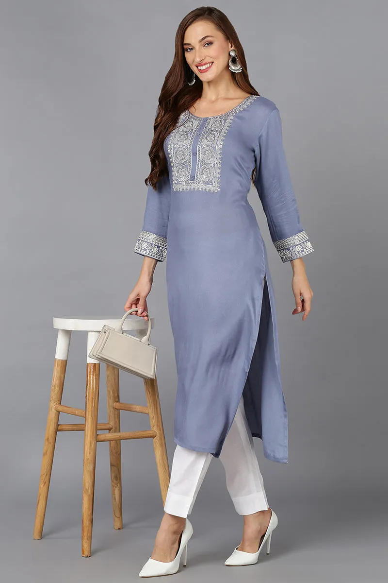 Blue Pottery Viscose Rayon Embroidered Straight Kurta