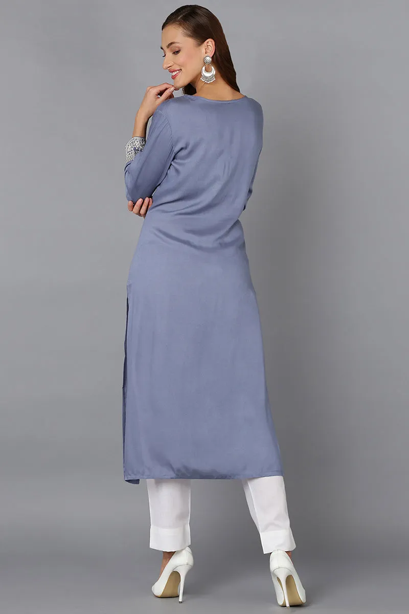 Blue Pottery Viscose Rayon Embroidered Straight Kurta