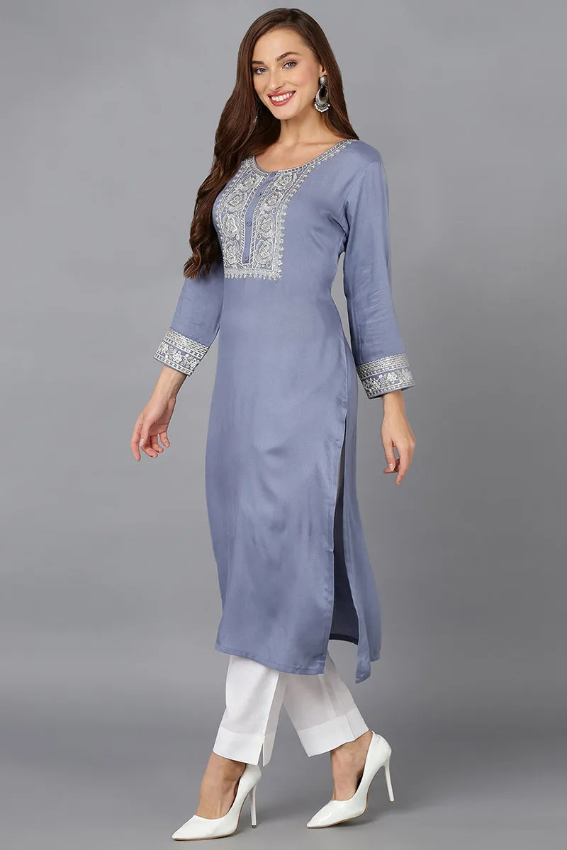 Blue Pottery Viscose Rayon Embroidered Straight Kurta