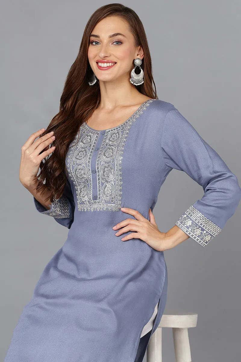 Blue Pottery Viscose Rayon Embroidered Straight Kurta