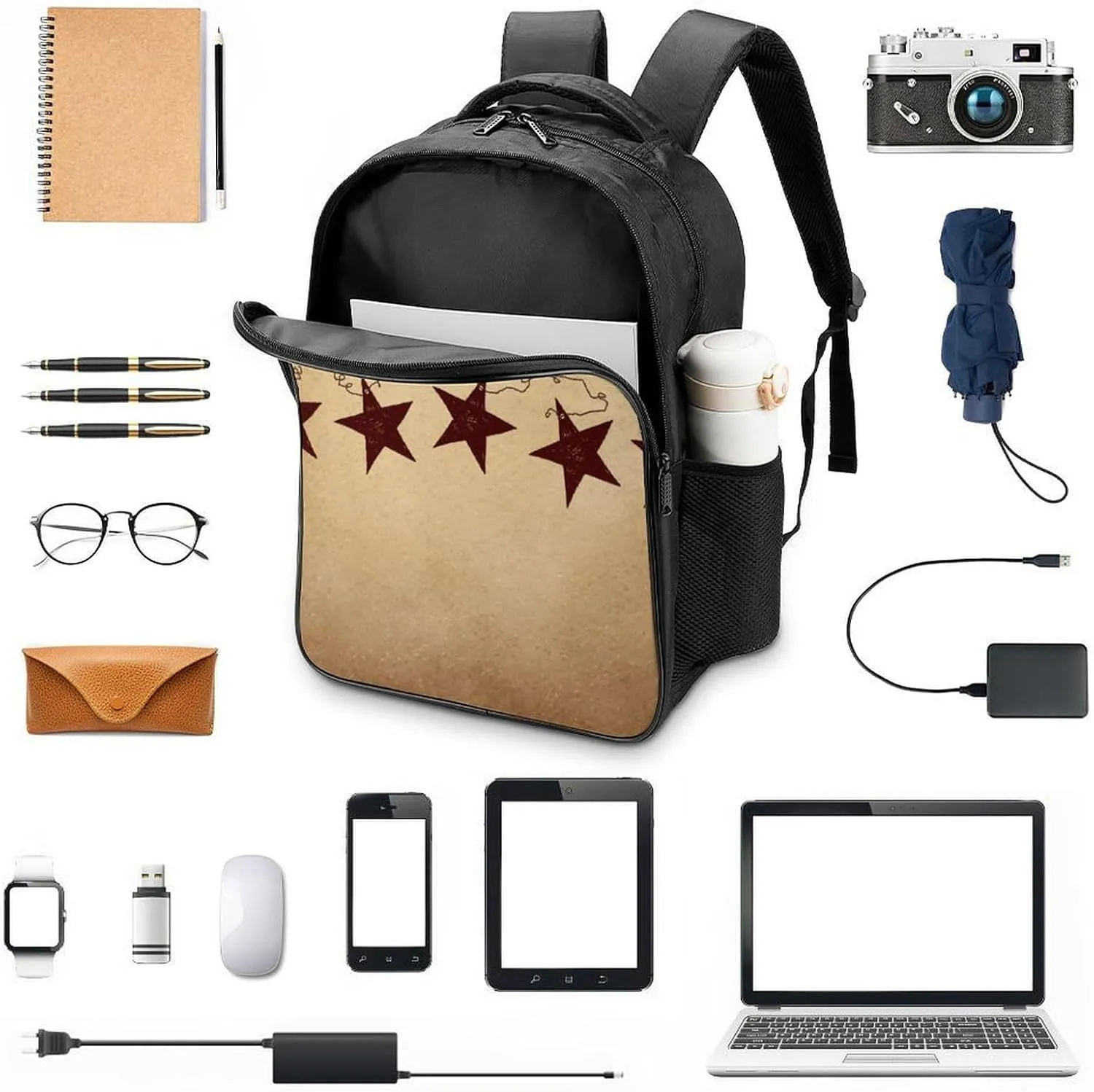 Brown Retro Star Primitive Countryside Double Compartment Large Capacity Backpack Unisex