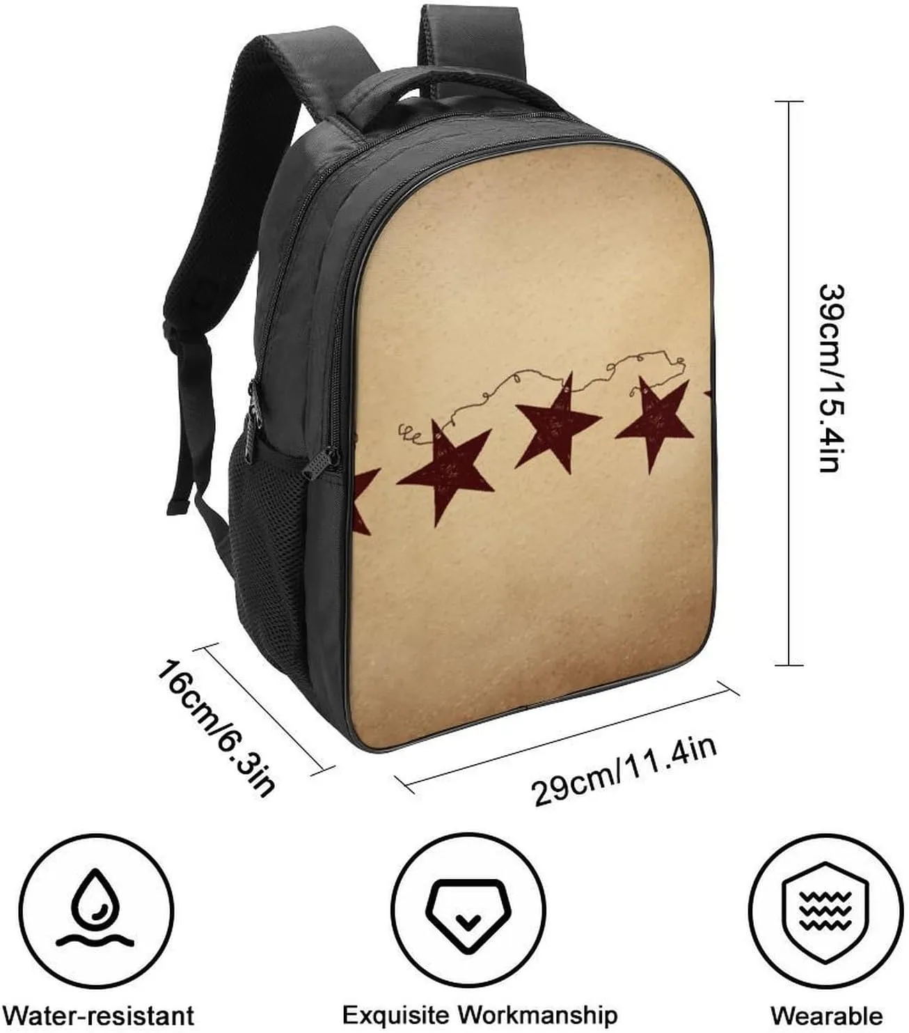 Brown Retro Star Primitive Countryside Double Compartment Large Capacity Backpack Unisex