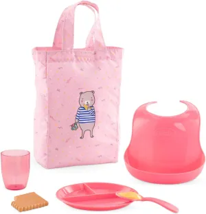Corolle Mealtime Set for Large Baby Dolls - 6 Piece Set Includes Tote Bag, Plate, Spoon, Bib, Cup and Cookie, Mon Grand Poupon Accessories fit 14-17" Dolls, for Kids Ages 2 Years and up , Pink