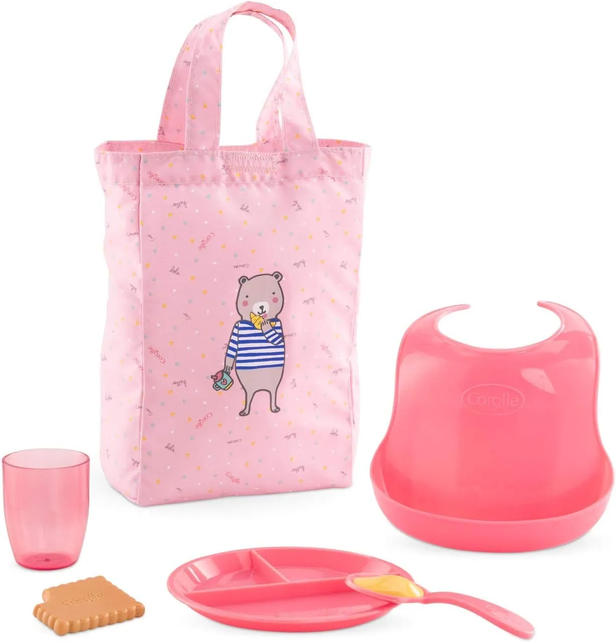 Corolle Mealtime Set for Large Baby Dolls - 6 Piece Set Includes Tote Bag, Plate, Spoon, Bib, Cup and Cookie, Mon Grand Poupon Accessories fit 14-17" Dolls, for Kids Ages 2 Years and up , Pink