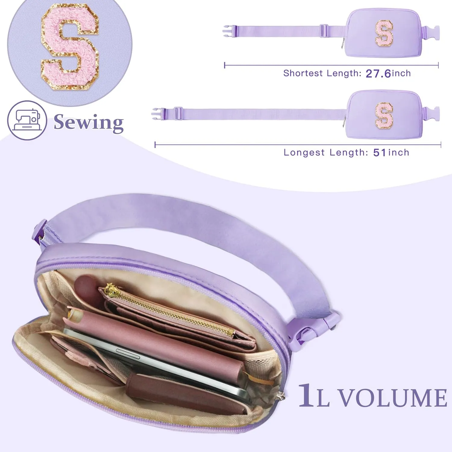 COSHAYSOO Initial Belt Bag Crossbody Letter Fanny Waist Pack Small for Teenage Girls Women Traveling Must Have Cross Body Purse Preppy Monogrammed Birthday Christmas Gift Girly Stuff Lavender S