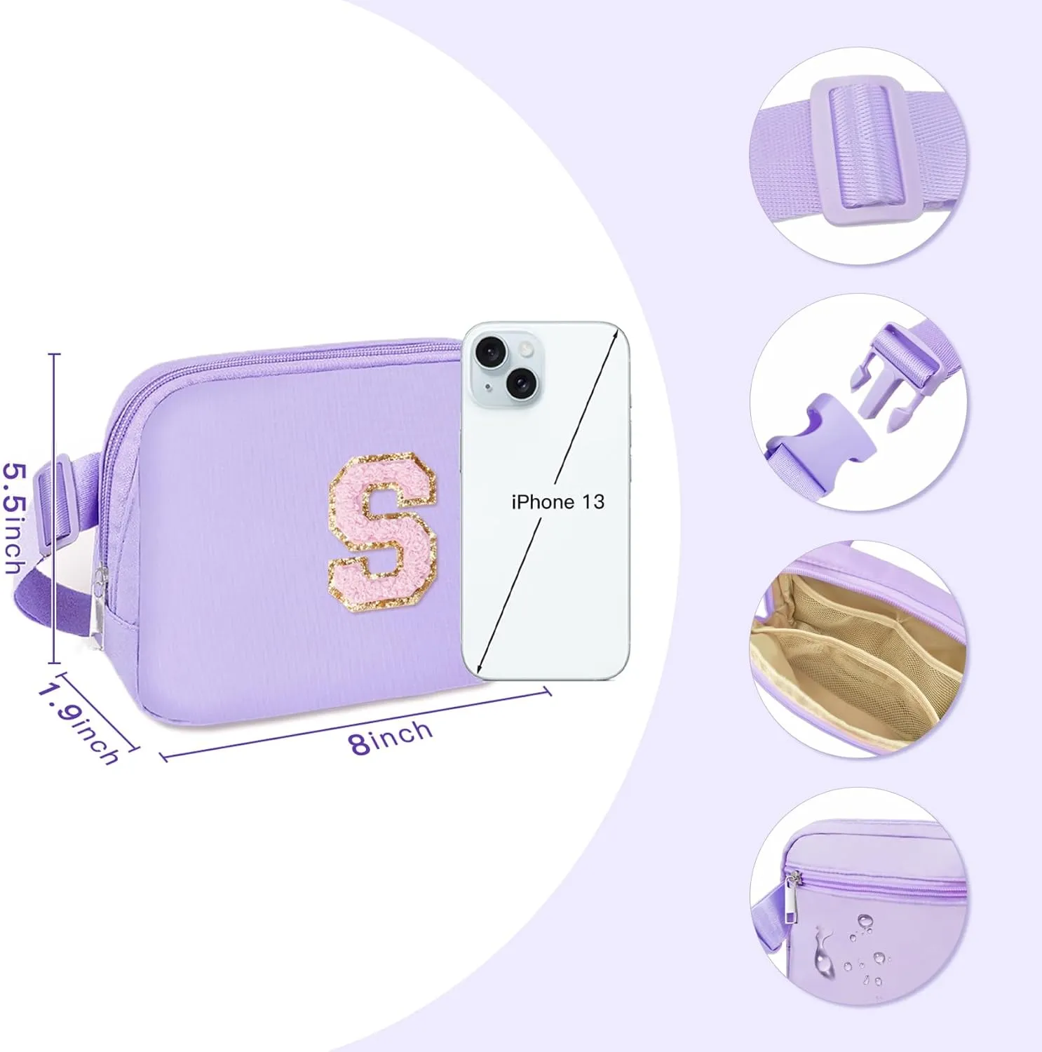 COSHAYSOO Initial Belt Bag Crossbody Letter Fanny Waist Pack Small for Teenage Girls Women Traveling Must Have Cross Body Purse Preppy Monogrammed Birthday Christmas Gift Girly Stuff Lavender S