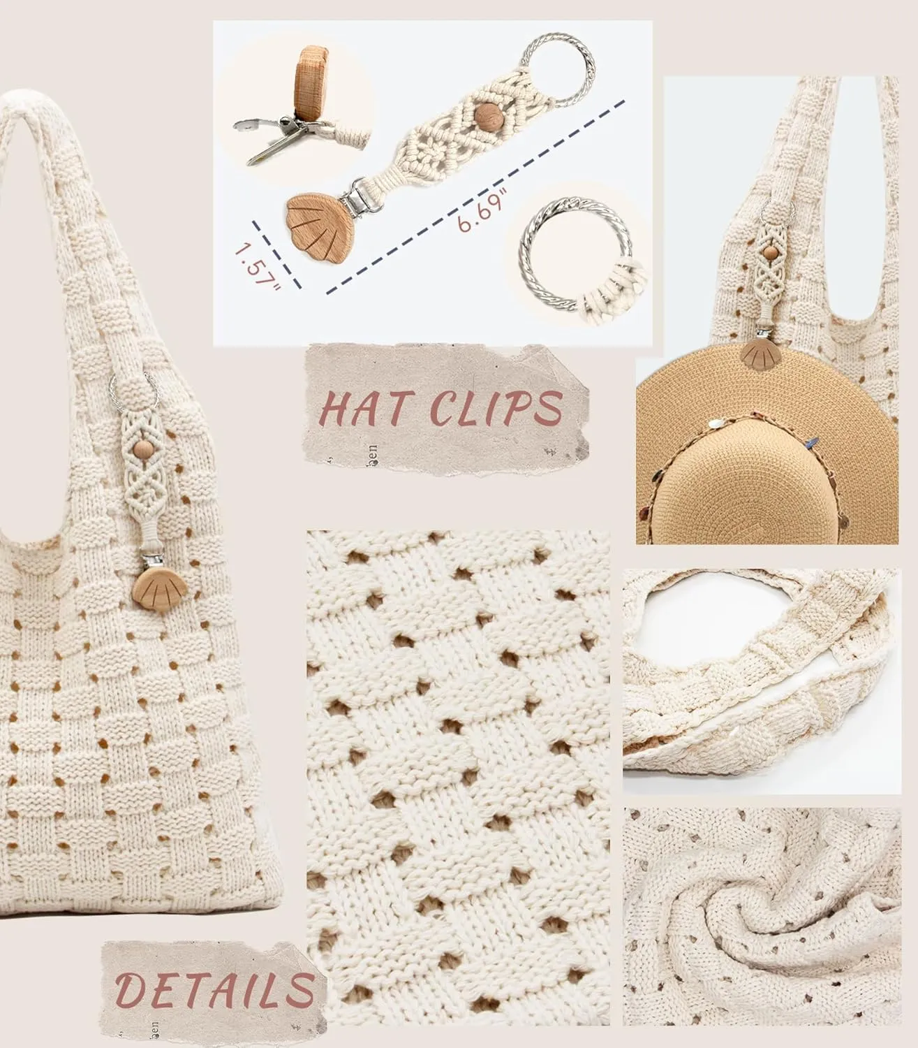 Crochet Tote Bag with Macrame Hat Clip for Travel Women Summer Beach Bag Aesthetic Knit Bag Cute Shoulder Bags