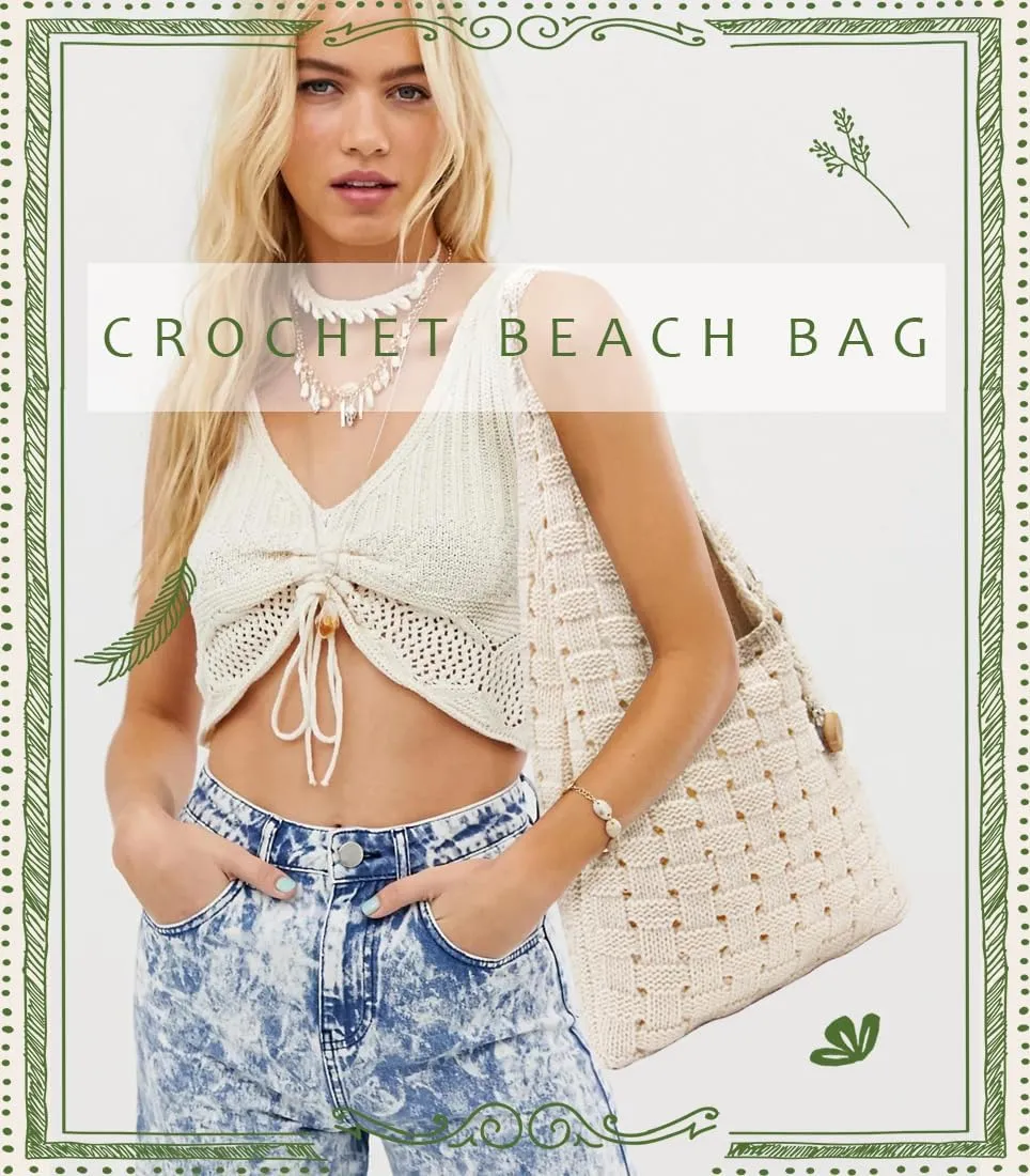 Crochet Tote Bag with Macrame Hat Clip for Travel Women Summer Beach Bag Aesthetic Knit Bag Cute Shoulder Bags