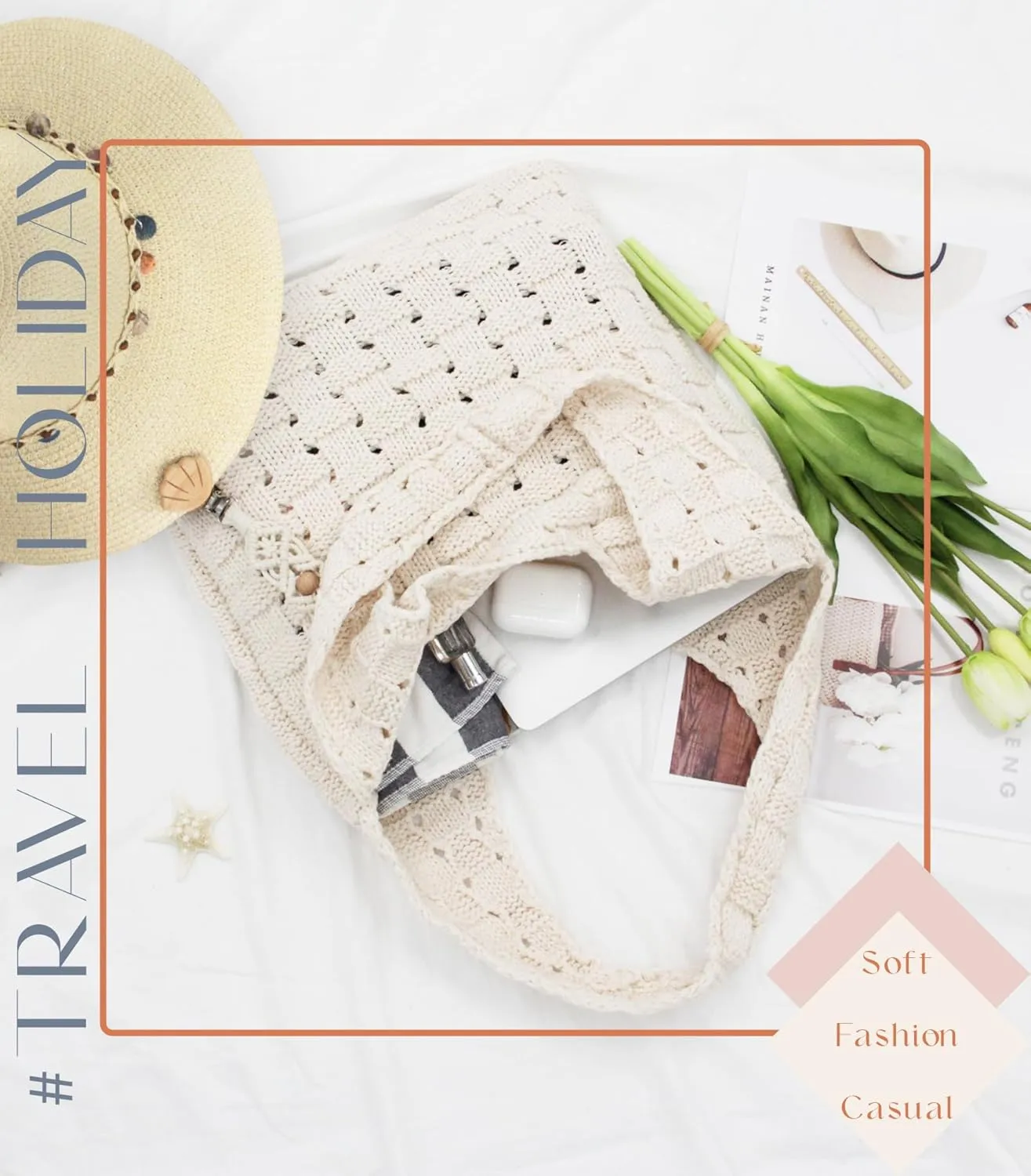 Crochet Tote Bag with Macrame Hat Clip for Travel Women Summer Beach Bag Aesthetic Knit Bag Cute Shoulder Bags