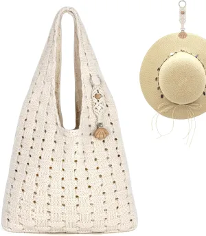 Crochet Tote Bag with Macrame Hat Clip for Travel Women Summer Beach Bag Aesthetic Knit Bag Cute Shoulder Bags