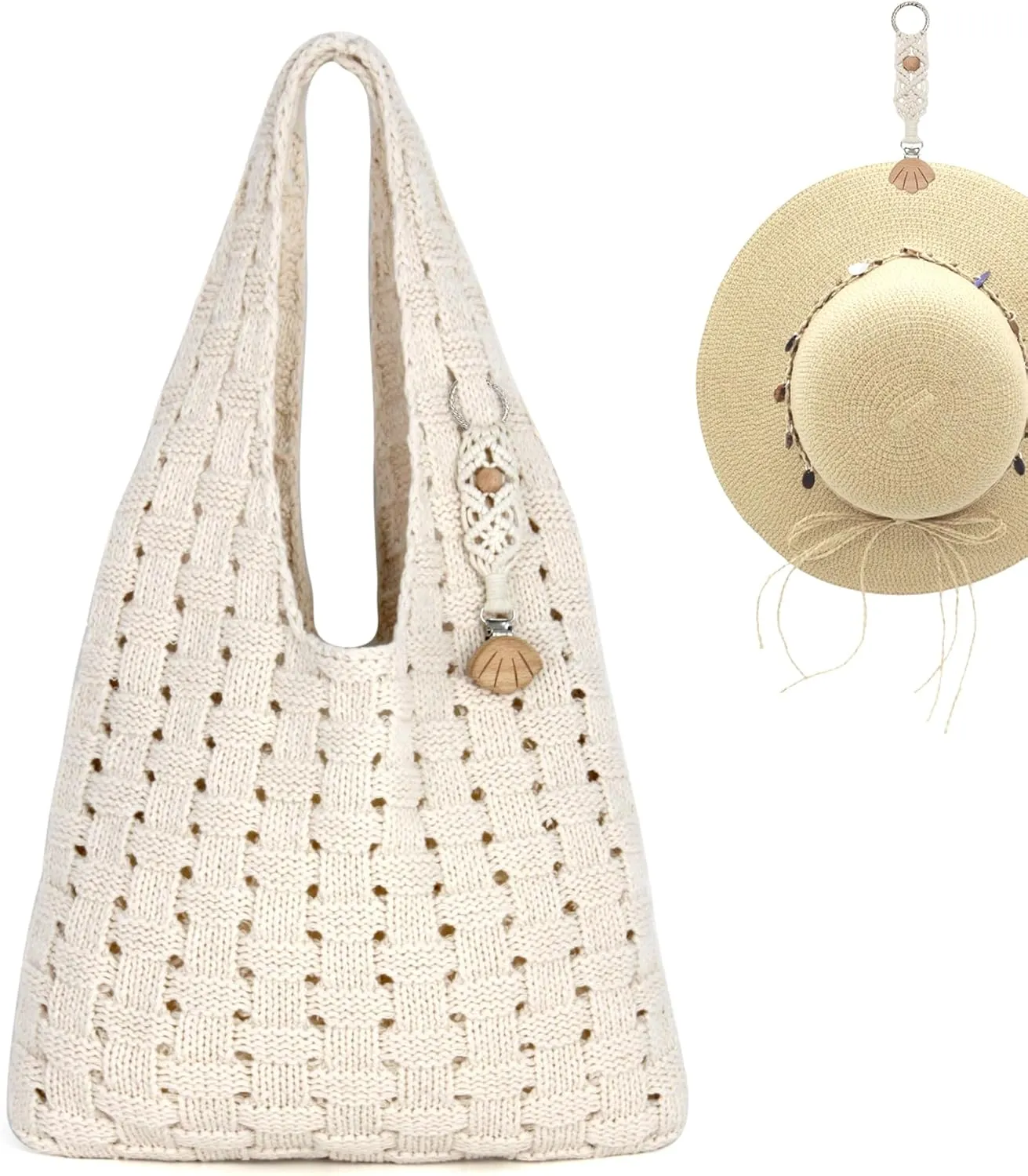 Crochet Tote Bag with Macrame Hat Clip for Travel Women Summer Beach Bag Aesthetic Knit Bag Cute Shoulder Bags