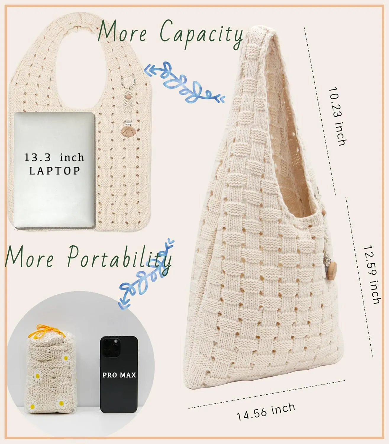 Crochet Tote Bag with Macrame Hat Clip for Travel Women Summer Beach Bag Aesthetic Knit Bag Cute Shoulder Bags