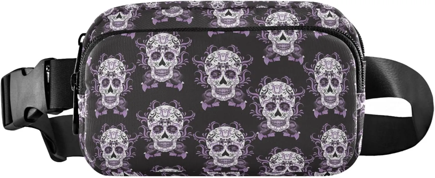 Custom Purple Sugar Skull Women Fanny Pack Hip Bag Belt Purse Waterproof Flower Waist Purse for Women