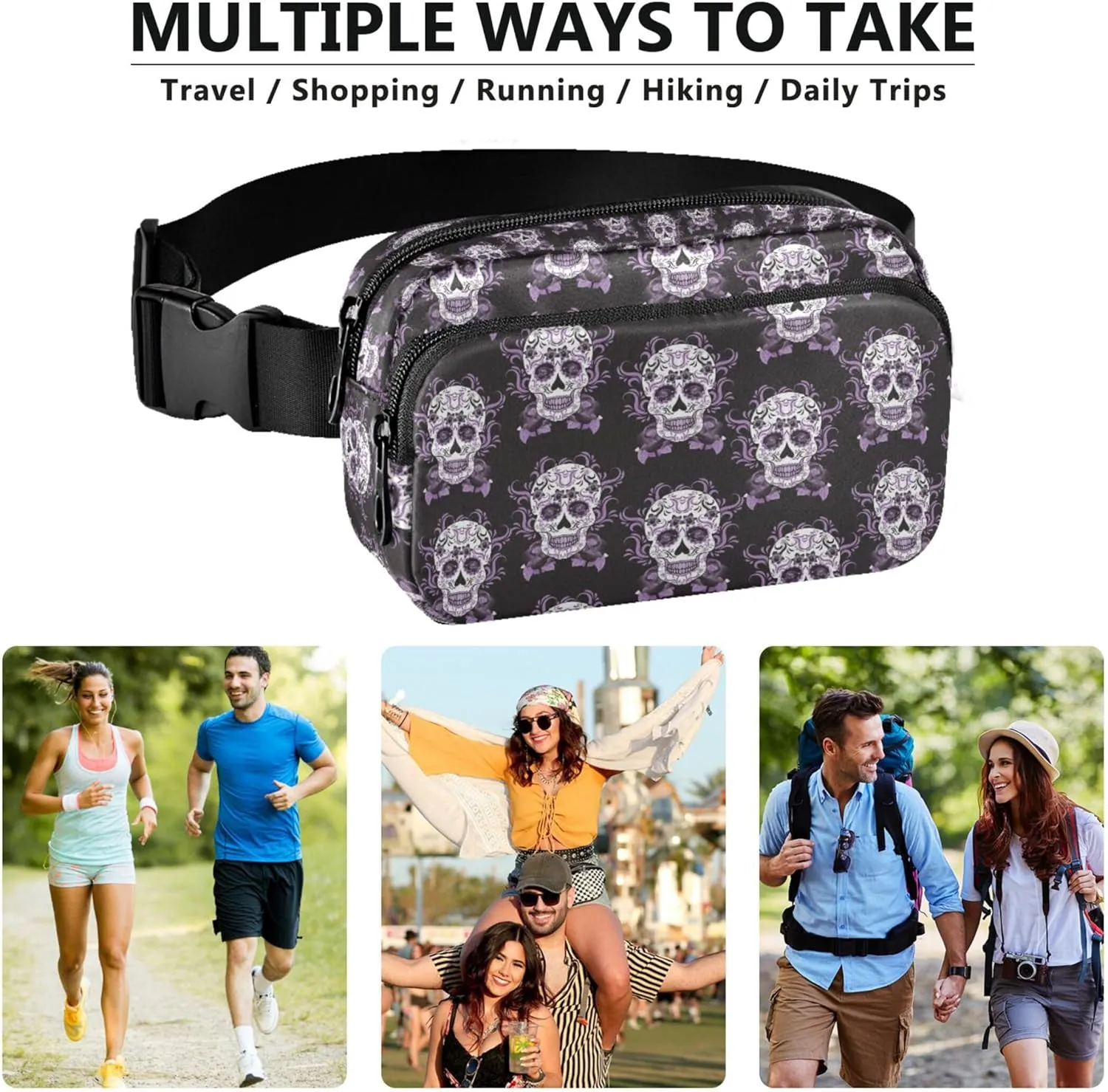 Custom Purple Sugar Skull Women Fanny Pack Hip Bag Belt Purse Waterproof Flower Waist Purse for Women