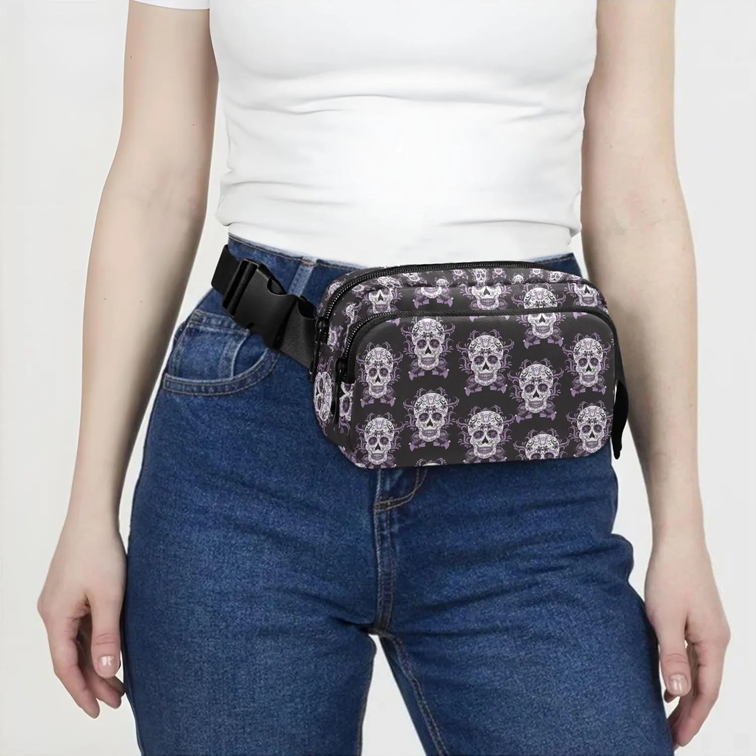 Custom Purple Sugar Skull Women Fanny Pack Hip Bag Belt Purse Waterproof Flower Waist Purse for Women
