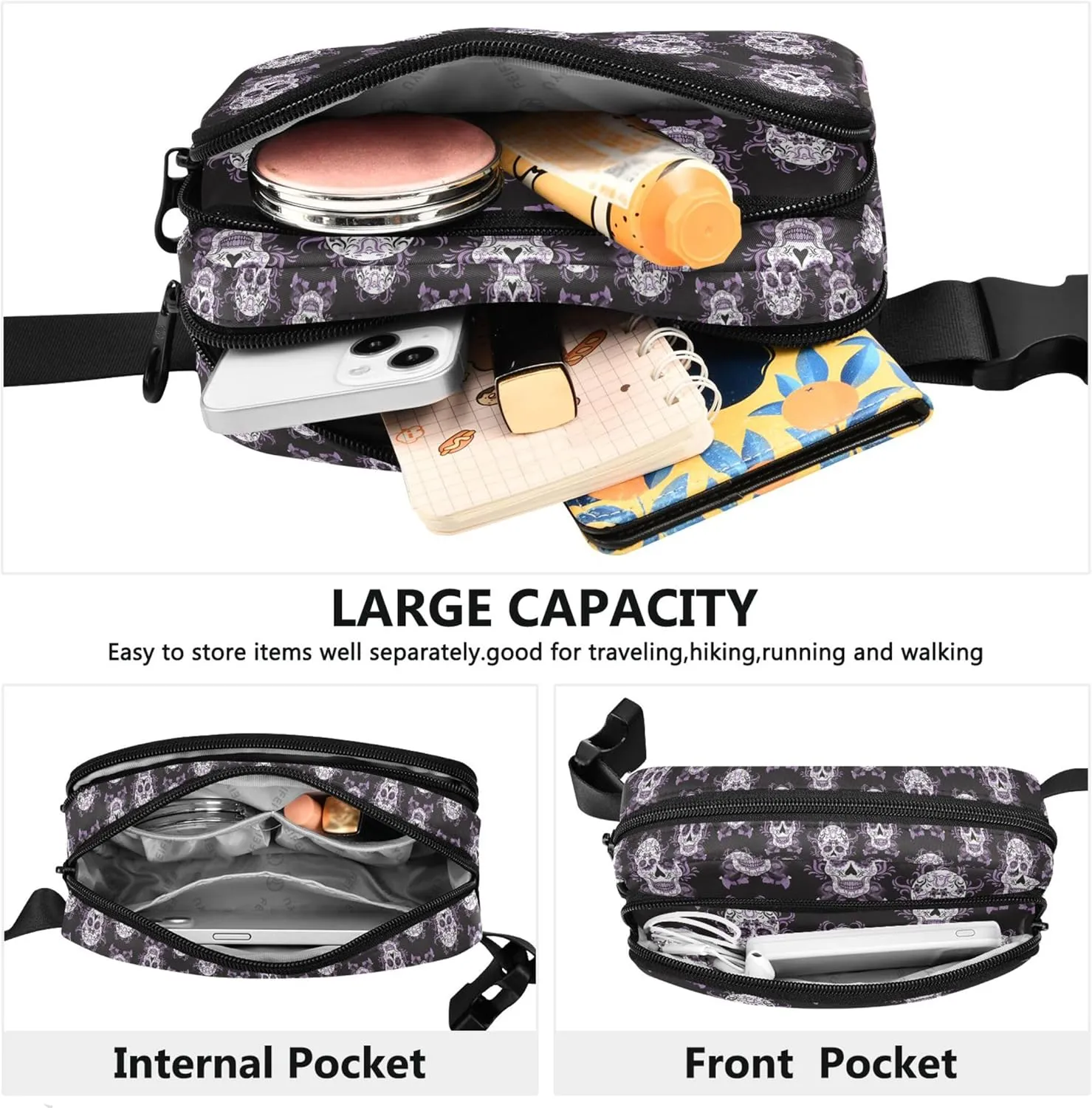 Custom Purple Sugar Skull Women Fanny Pack Hip Bag Belt Purse Waterproof Flower Waist Purse for Women