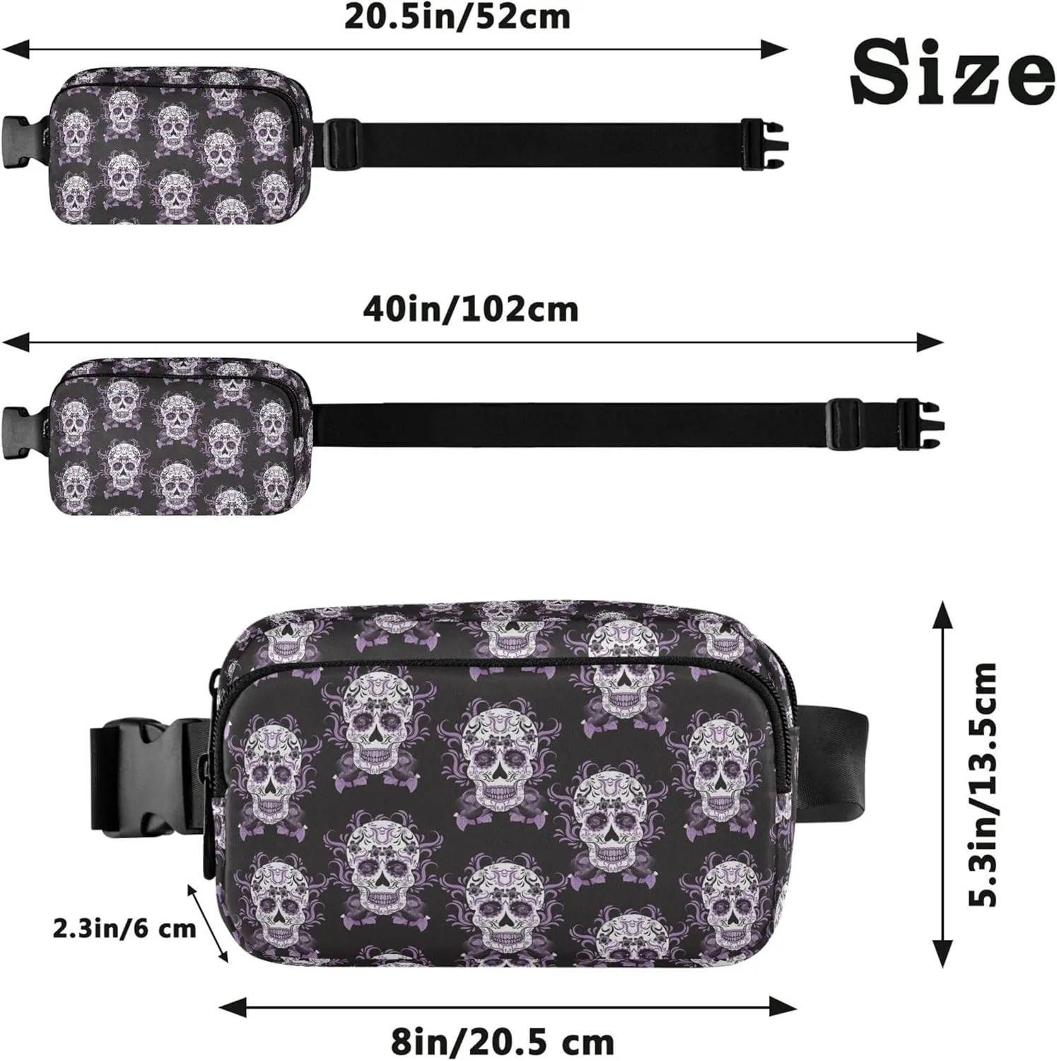 Custom Purple Sugar Skull Women Fanny Pack Hip Bag Belt Purse Waterproof Flower Waist Purse for Women