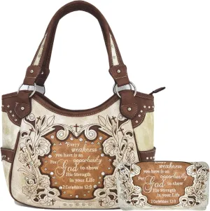 Embroidered Cross Scripture Bible Verse 2 Corinthians 12:9 Purse Studded Western Style Handbag Women Shoulder Bags Wallet Set