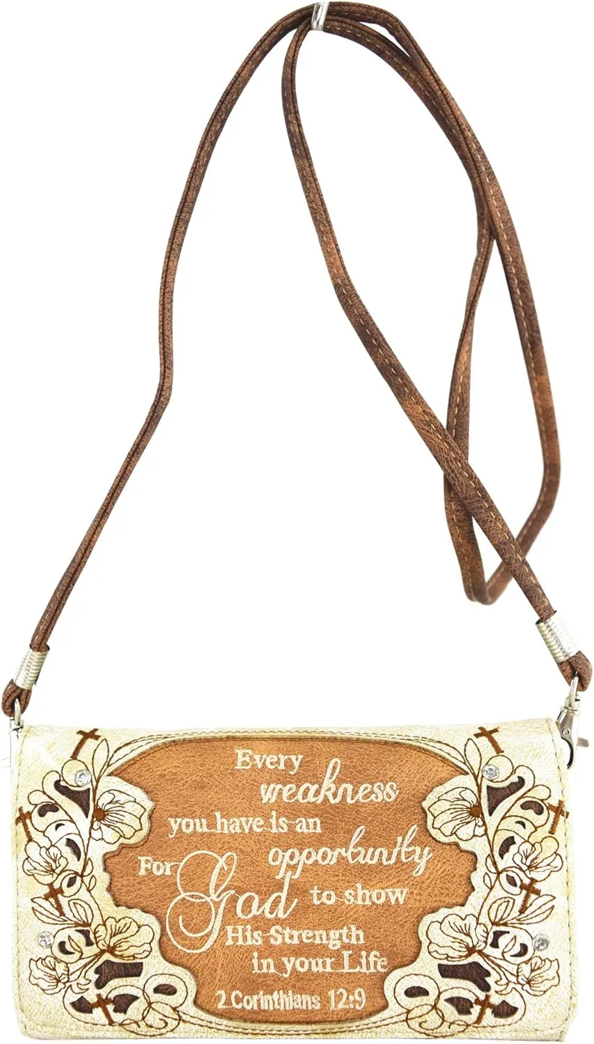 Embroidered Cross Scripture Bible Verse 2 Corinthians 12:9 Purse Studded Western Style Handbag Women Shoulder Bags Wallet Set