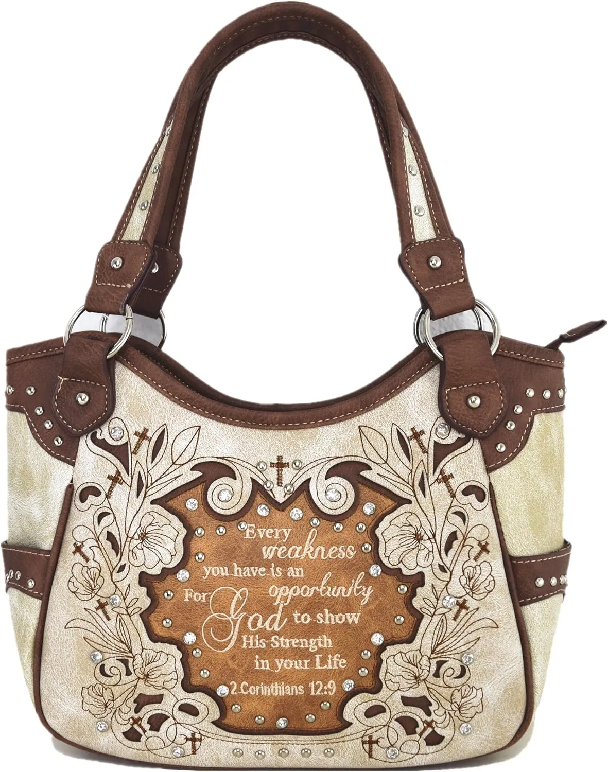 Embroidered Cross Scripture Bible Verse 2 Corinthians 12:9 Purse Studded Western Style Handbag Women Shoulder Bags Wallet Set