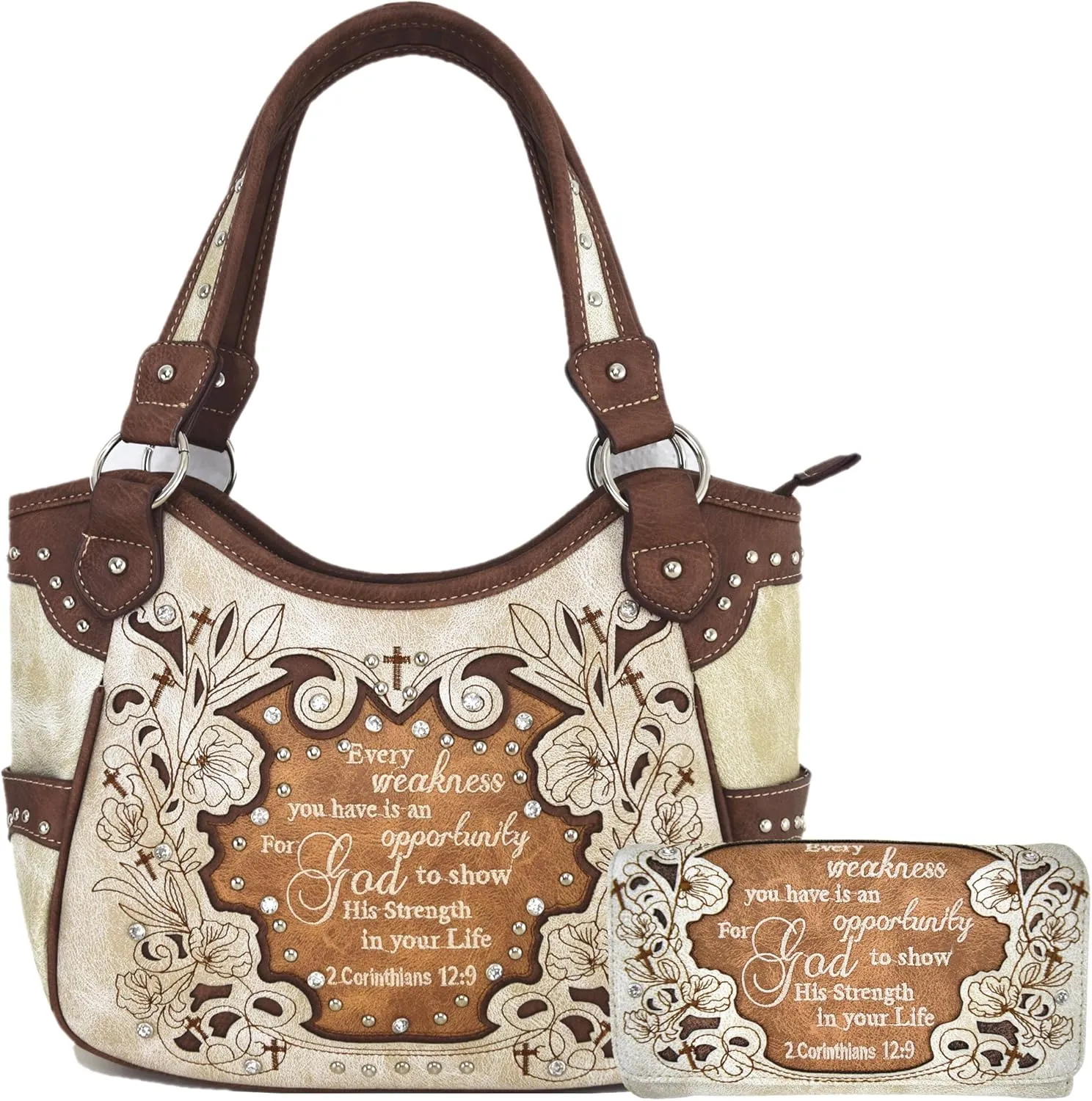 Embroidered Cross Scripture Bible Verse 2 Corinthians 12:9 Purse Studded Western Style Handbag Women Shoulder Bags Wallet Set