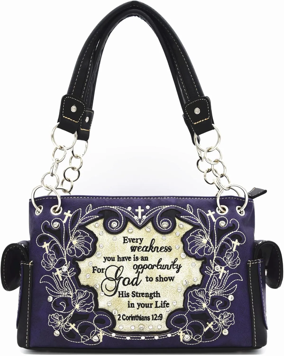 Embroidered Cross Scripture Bible Verse 2 Corinthians 12:9 Purse Studded Western Style Handbag Women Shoulder Bags Wallet Set