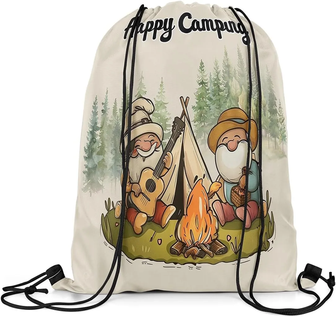 Erosebridal 13 x 15.7 inch Happy Camping Drawstring Backpack for Travel Trailers,Rustic Camper Drawstring Bag,Cartoon Gnomes Draw String Back Bag,Farmhouse Campfires Pines Tree String Backpack