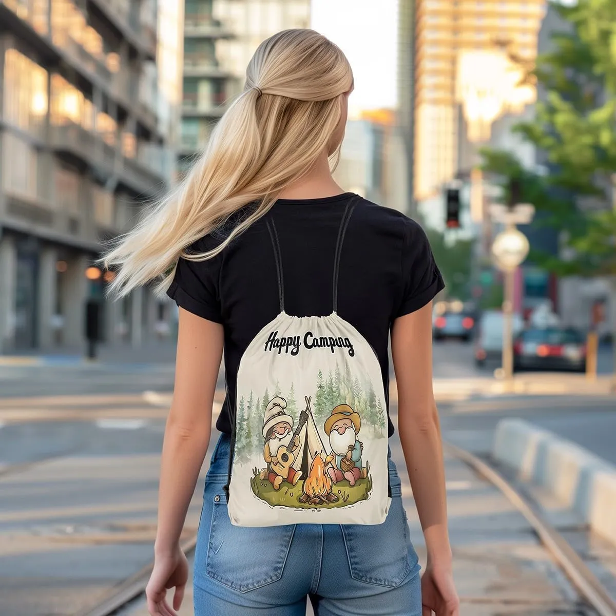 Erosebridal 13 x 15.7 inch Happy Camping Drawstring Backpack for Travel Trailers,Rustic Camper Drawstring Bag,Cartoon Gnomes Draw String Back Bag,Farmhouse Campfires Pines Tree String Backpack