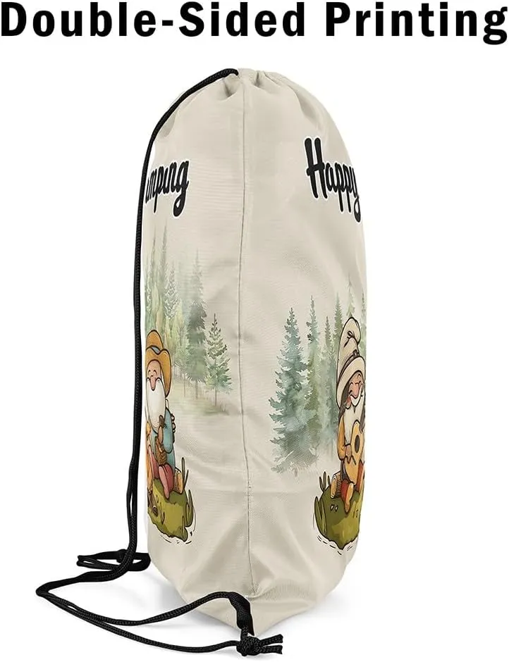 Erosebridal 13 x 15.7 inch Happy Camping Drawstring Backpack for Travel Trailers,Rustic Camper Drawstring Bag,Cartoon Gnomes Draw String Back Bag,Farmhouse Campfires Pines Tree String Backpack