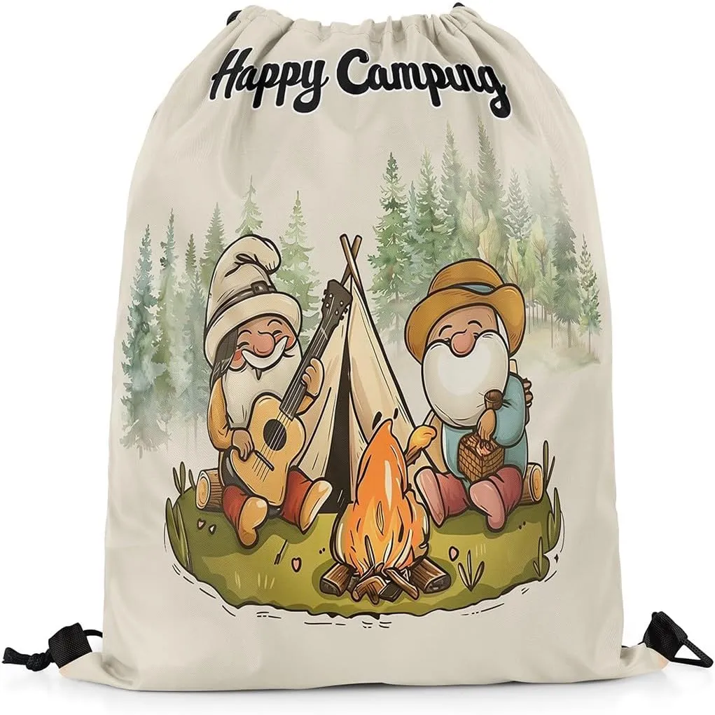 Erosebridal 13 x 15.7 inch Happy Camping Drawstring Backpack for Travel Trailers,Rustic Camper Drawstring Bag,Cartoon Gnomes Draw String Back Bag,Farmhouse Campfires Pines Tree String Backpack