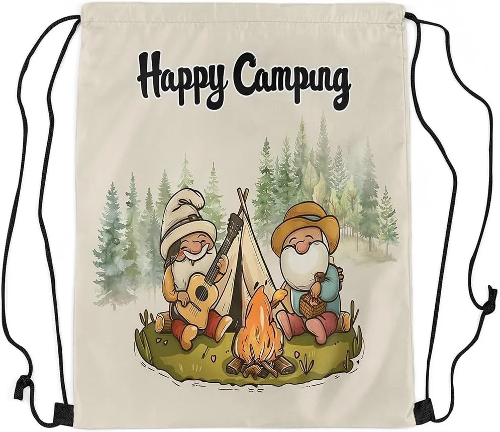 Erosebridal 13 x 15.7 inch Happy Camping Drawstring Backpack for Travel Trailers,Rustic Camper Drawstring Bag,Cartoon Gnomes Draw String Back Bag,Farmhouse Campfires Pines Tree String Backpack