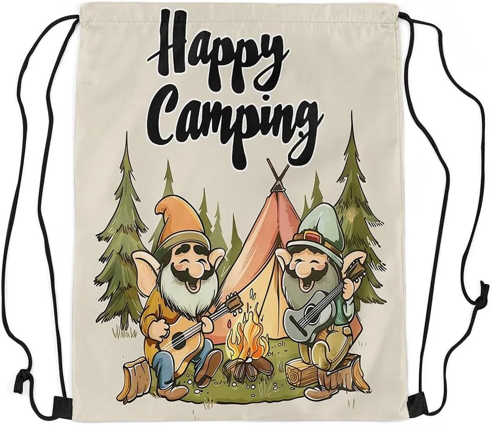 Erosebridal Happy Camping Drawstring Backpack 13 x 15.7 inch,Rustic Camper Drawstring Bag for Travel Trailers,Cartoon Gnomes Draw String Back Bag,Farmhouse Campfires Pines Tree String Backpack