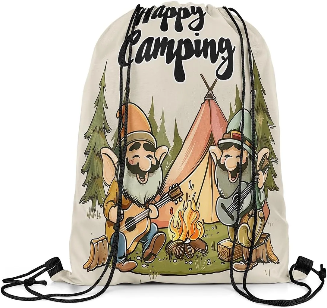 Erosebridal Happy Camping Drawstring Backpack 13 x 15.7 inch,Rustic Camper Drawstring Bag for Travel Trailers,Cartoon Gnomes Draw String Back Bag,Farmhouse Campfires Pines Tree String Backpack